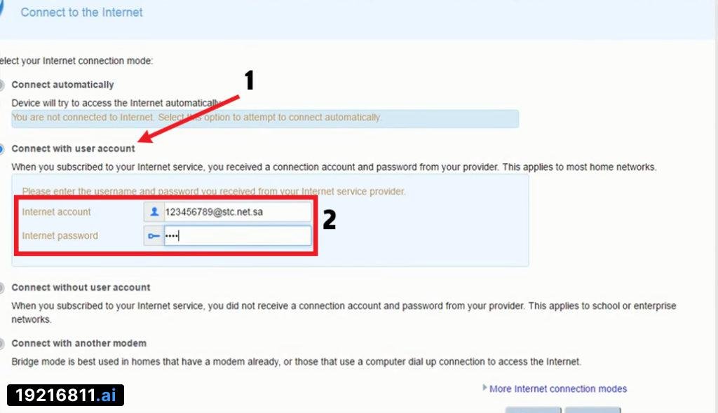 تقوم باختيار connect with user account ثم تقوم بوضع اسم المستخدم وكلمة السر 